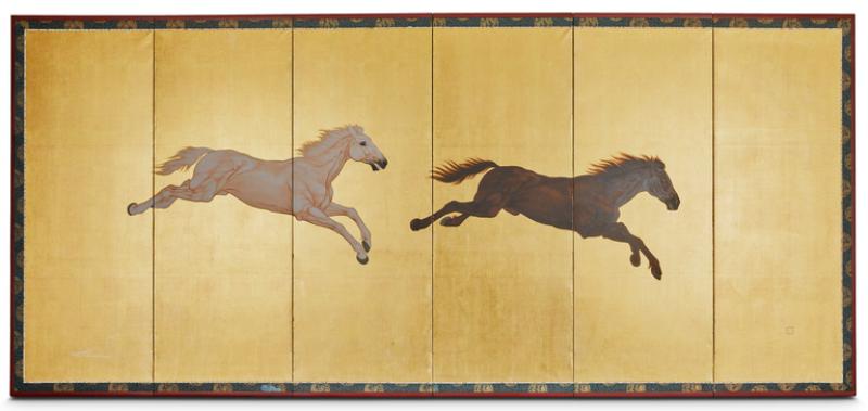 Japanese Six Panel Screen Horses on Gold Leaf