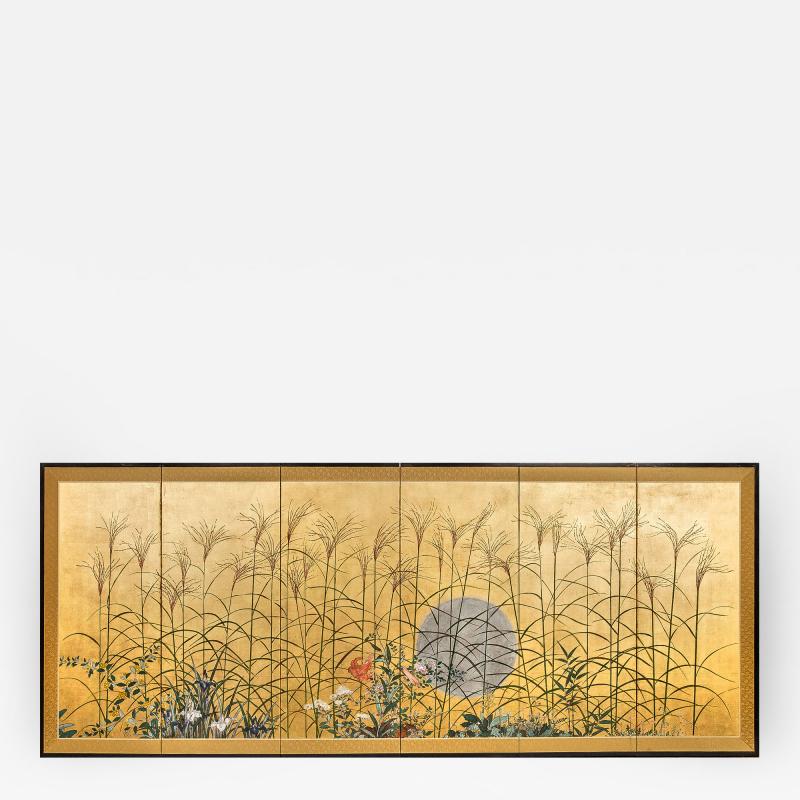 Japanese Six Panel Screen Moon Over the Plains of Musashino on Gold Leaf