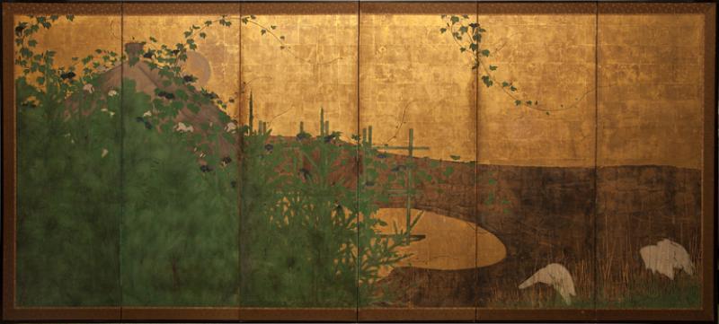 Japanese Six Panel Screen Moon Rising Over Minka Thatched Cottage 