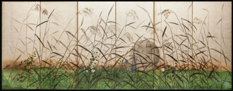 Japanese Six Panel Screen Moon Rising Over the Plains of Musashino