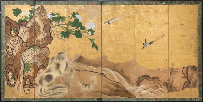 Japanese Six Panel Screen Mother Cat and Kittens Near Rushing Stream