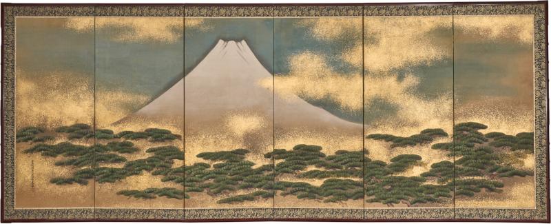 Japanese Six Panel Screen Mount Fuji and Pine