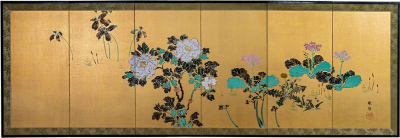 Japanese Six Panel Screen Peonies and Young Growth on Gold Silk