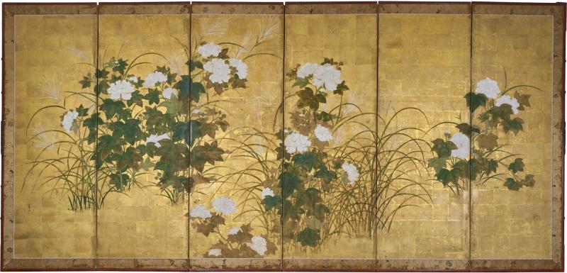 Japanese Six Panel Screen Peony and Wild Grasses on Gold