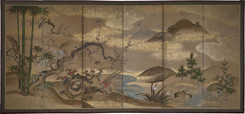 Japanese Six Panel Screen Pheasant in River Landscape