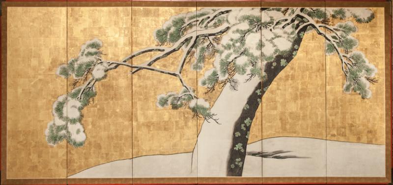 Japanese Six Panel Screen Pine in Snow on Heavy Gold Leaf