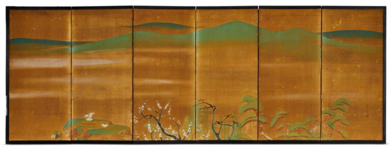 Japanese Six Panel Screen Plum Willow and Pine on Silk