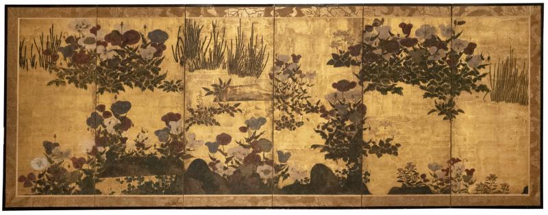 Japanese Six Panel Screen Poppies in a Garden Landscape