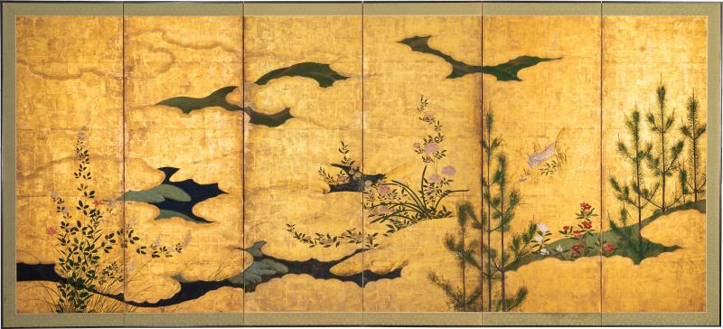 Japanese Six Panel Screen Rimpa Flower Landscape