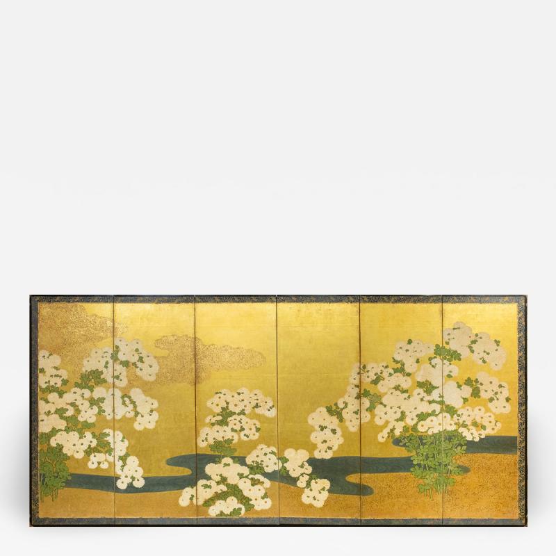 Japanese Six Panel Screen Rimpa School Chrysanthemums on Gold