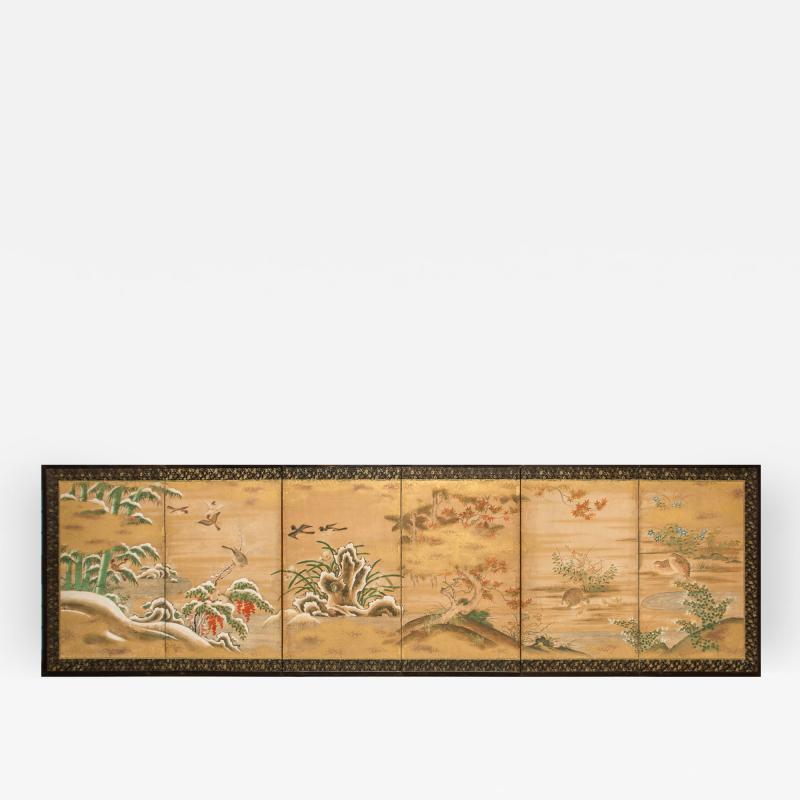 Japanese Six Panel Screen Rimpa School Painting of Seasonal Landscape