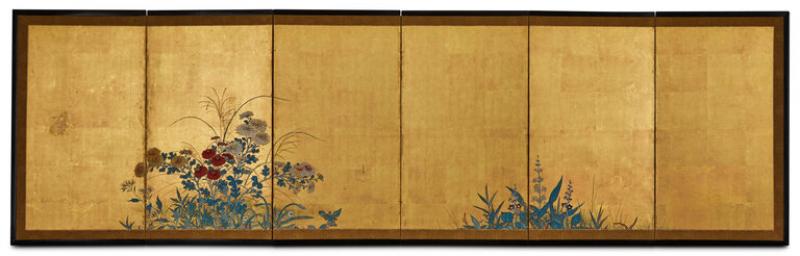 Japanese Six Panel Screen Rimpa Style Summer Flowers on Gold