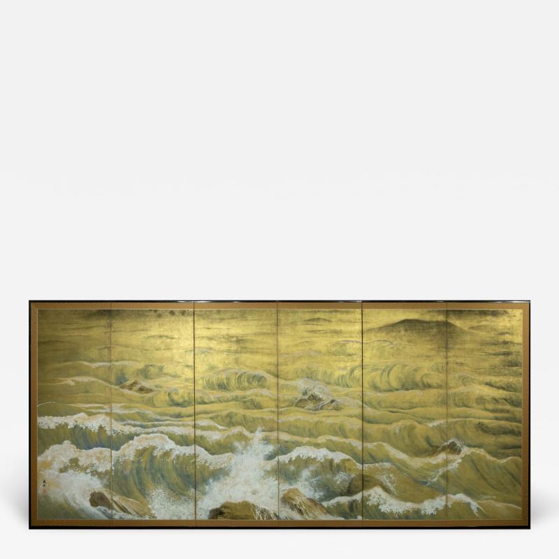Japanese Six Panel Screen Rocks and Waves in a Coastal Landscape