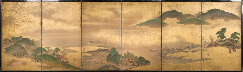 Japanese Six Panel Screen Rolling Country Landscape