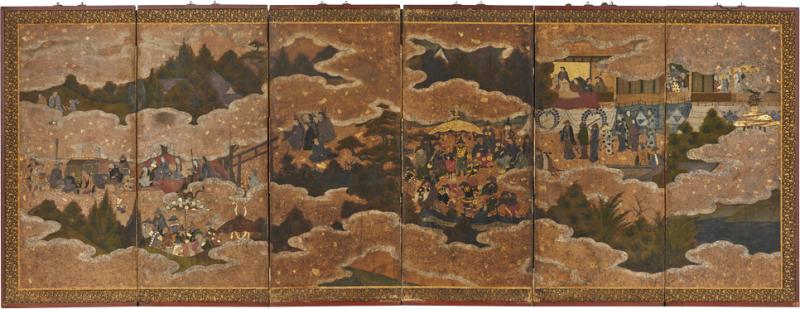 Japanese Six Panel Screen Samurai Gathering from Various Provinces