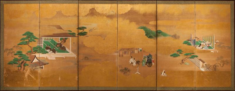 Japanese Six Panel Screen Scenes from the Tale of Genji