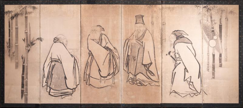 Japanese Six Panel Screen Scholars in a Bamboo Forest