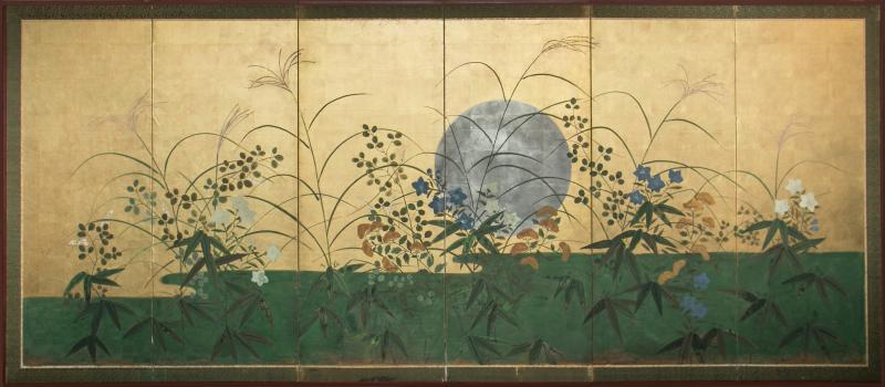 Japanese Six Panel Screen Silver Moon Rising Over Summer Field