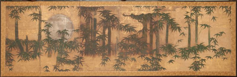 Japanese Six Panel Screen Silver Moon and Bamboo on Gold