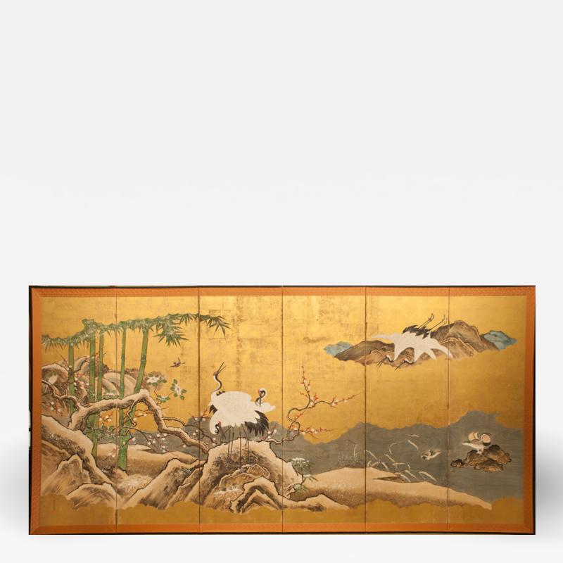 Japanese Six Panel Screen Snow Scene at Water s Edge with Flowers and Waterfowl