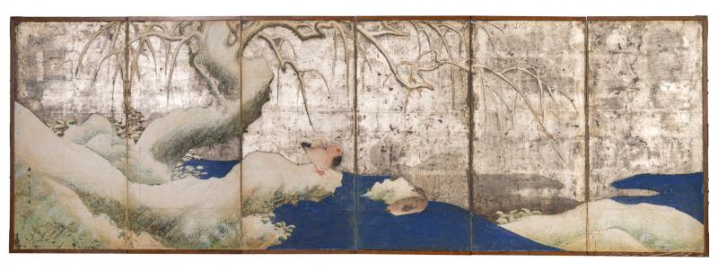 Japanese Six Panel Screen Snowy Landscape with Wood Ducks and Willow on Silver