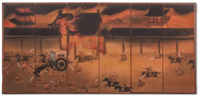Japanese Six Panel Screen The Burning of Nanto Temple