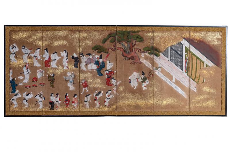 Japanese Six Panel Screen Tosa School Painting of Theatre Scene