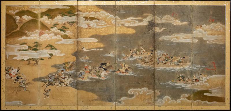 Japanese Six Panel Screen Tosa School Painting of the Battle of Yashima