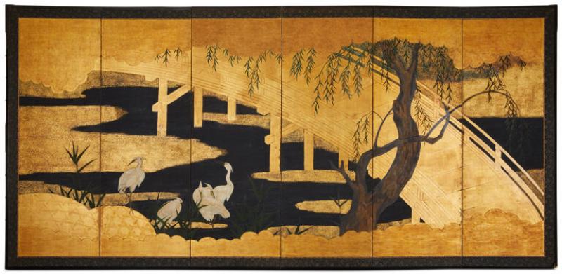 Japanese Six Panel Screen Uji Bridge with Herons and Summer Willow