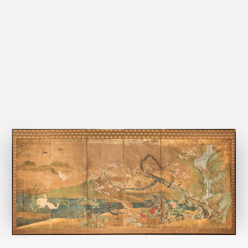 Japanese Six Panel Screen Waterfall and Cherry in Audobon Landscape