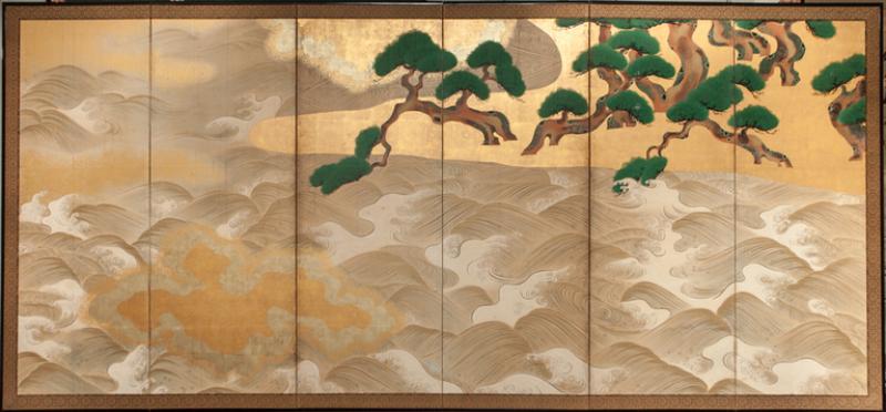 Japanese Six Panel Screen Waves and Pine Tree