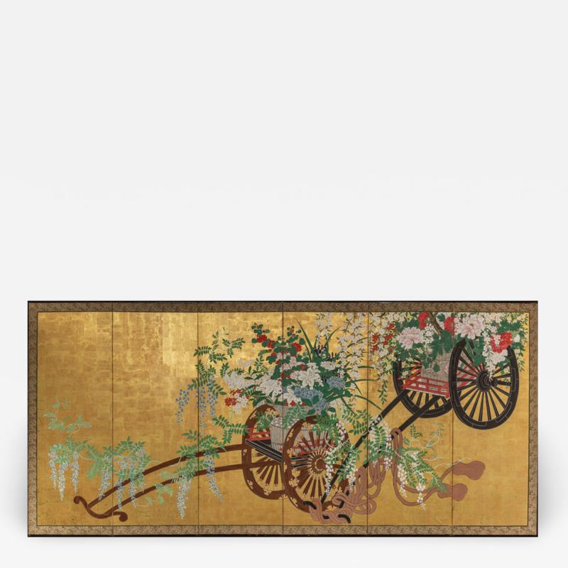 Japanese Six Panel Screens Pair of Festival Carts