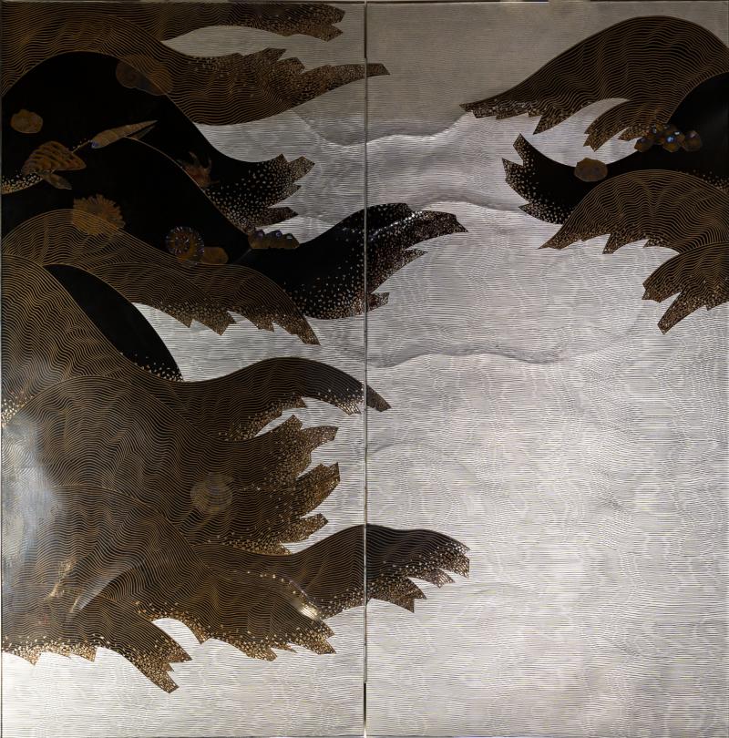 Japanese Two Panel Lacquer Screen Under the Waves With Flowing Kelp Seashells