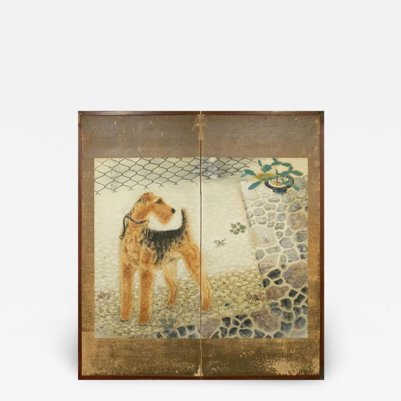 Japanese Two Panel Screen Airedale Terrier