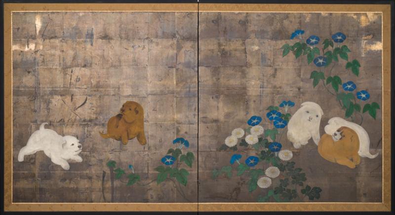 Japanese Two Panel Screen Akita Puppies and Morning Glories