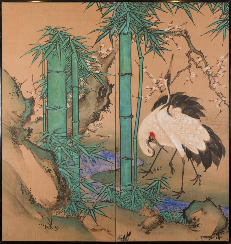 Japanese Two Panel Screen Amorous Cranes and Turtles