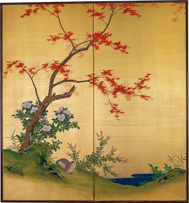 Japanese Two Panel Screen Autumn Maple and Quail