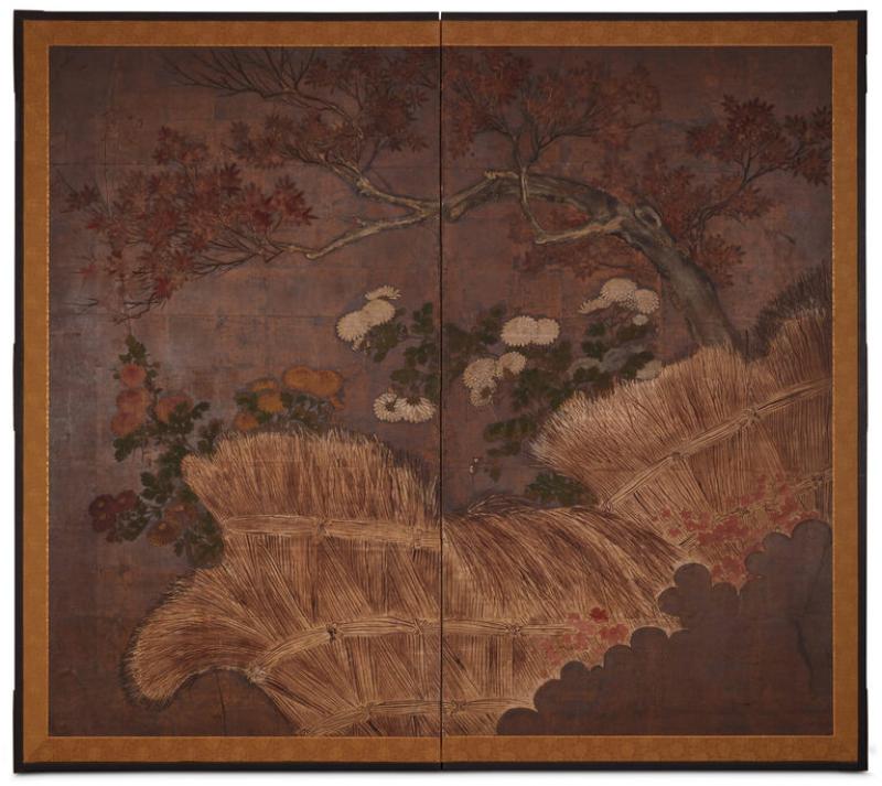 Japanese Two Panel Screen Autumn Scene of Red Maple and Chrysanthemums