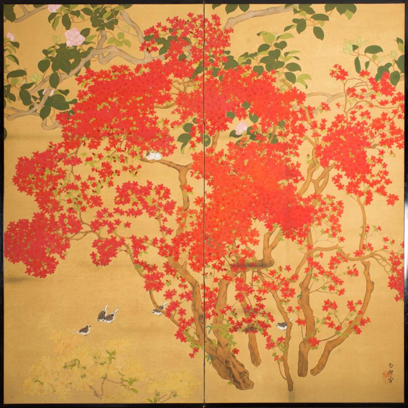 Japanese Two Panel Screen Azalea Tree With Birds