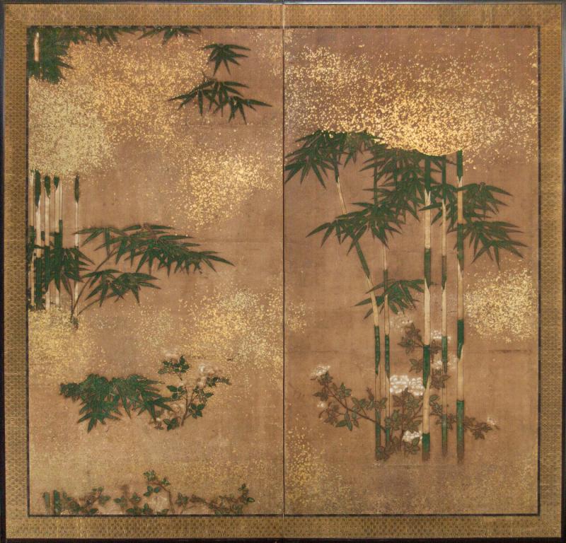 Japanese Two Panel Screen Bamboo Grove on Mulberry Paper with Gold Dust