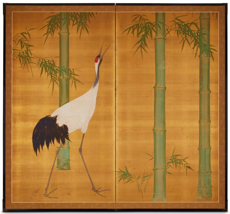 Japanese Two Panel Screen Bamboo and Manchurian Crane