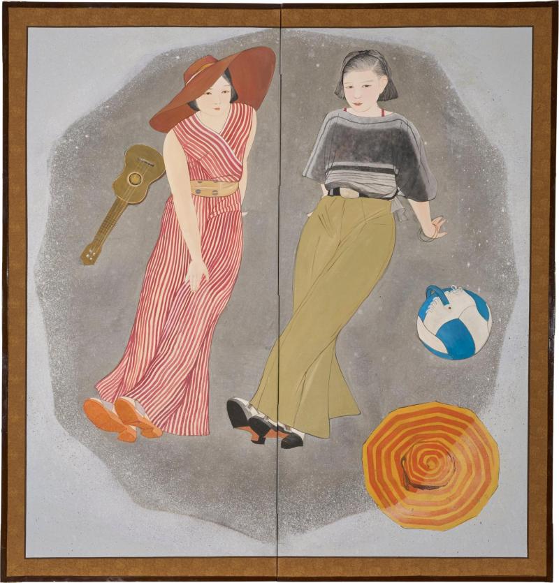 Japanese Two Panel Screen Beach Party
