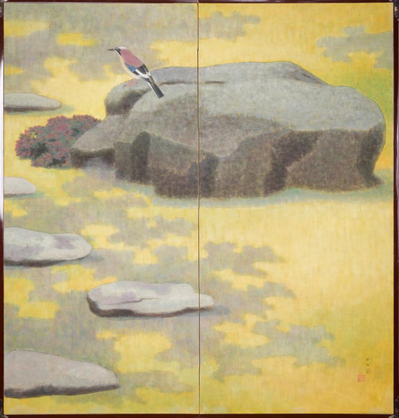 Japanese Two Panel Screen Bird on a Rock on a Minimalist Ground