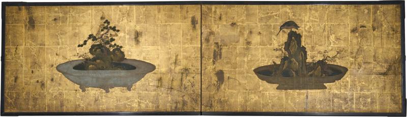 Japanese Two Panel Screen Bonsai