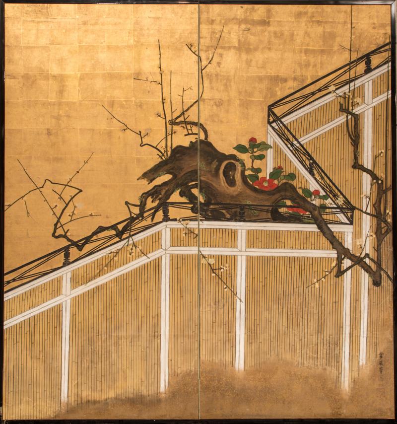 Japanese Two Panel Screen Camellia and Plum Blossom Over a Garden Fence