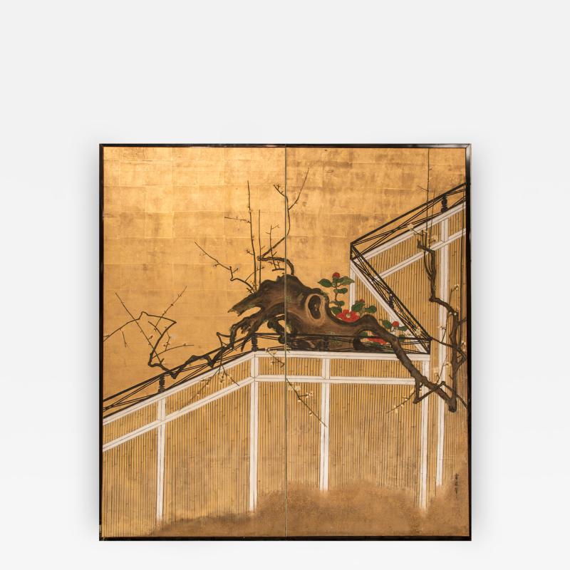 Japanese Two Panel Screen Camellia and Plum Blossom Over a Garden Fence