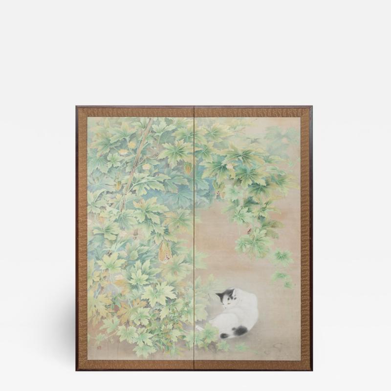 Japanese Two Panel Screen Cat Resting Under Arbor