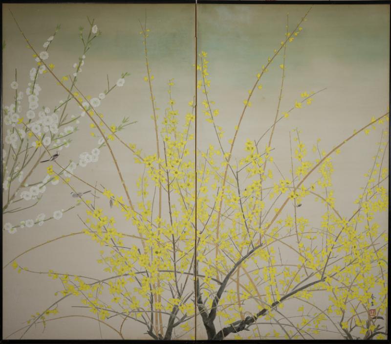 Japanese Two Panel Screen Cherry and Forsythia