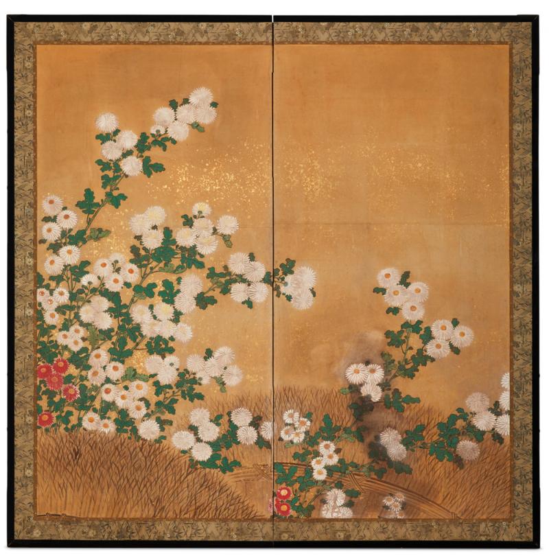 Japanese Two Panel Screen Chrysanthemums Over Twig Fence