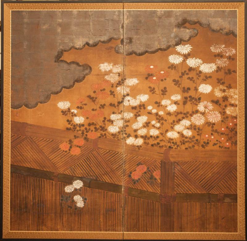 Japanese Two Panel Screen Chrysanthemums Over a Woven Reed Fence